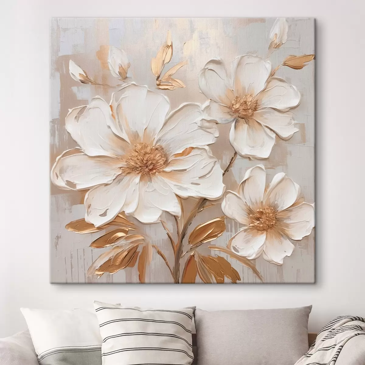  Schilderijen Getextureerde bloemen op een lichte achtergrond met warme tinten s46166