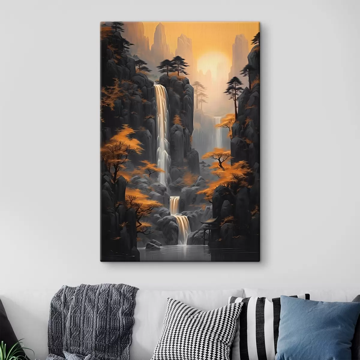  Schilderijen Rotsachtig landschap met een waterval in warme zonsondergangtinten s46177