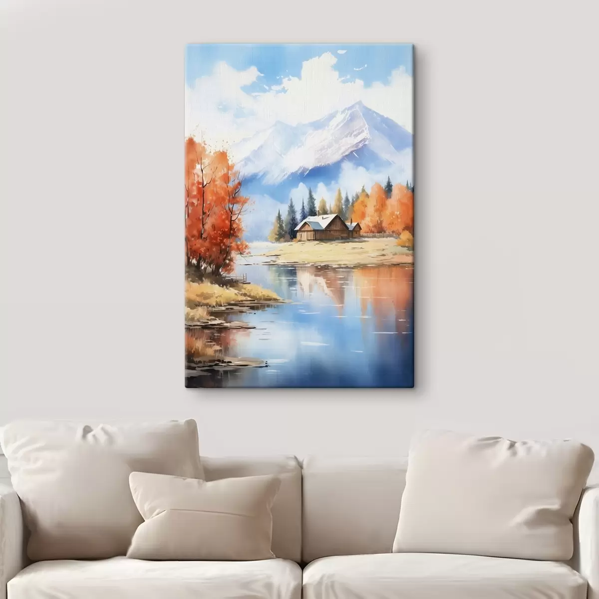  Schilderijen Herfstlandschap aan het meer met een huis en bergen s46184