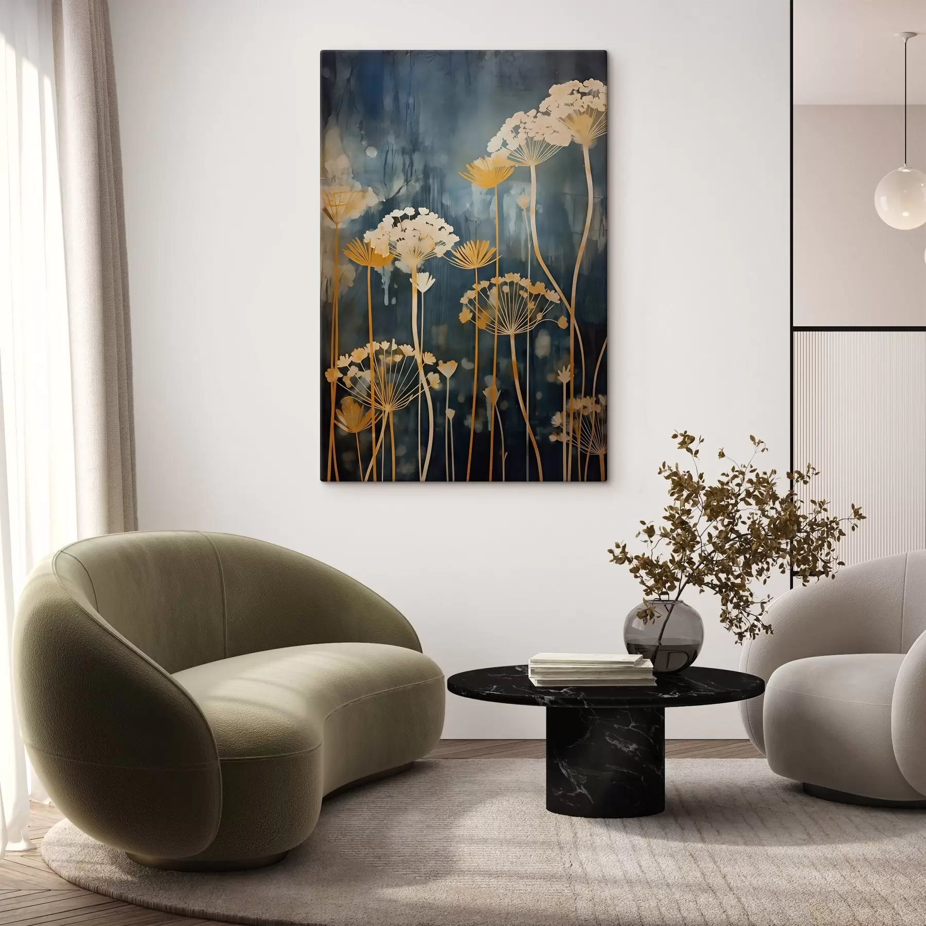  Schilderijen Gestileerde bloemen met dunne stelen op een donkere achtergrond s46188