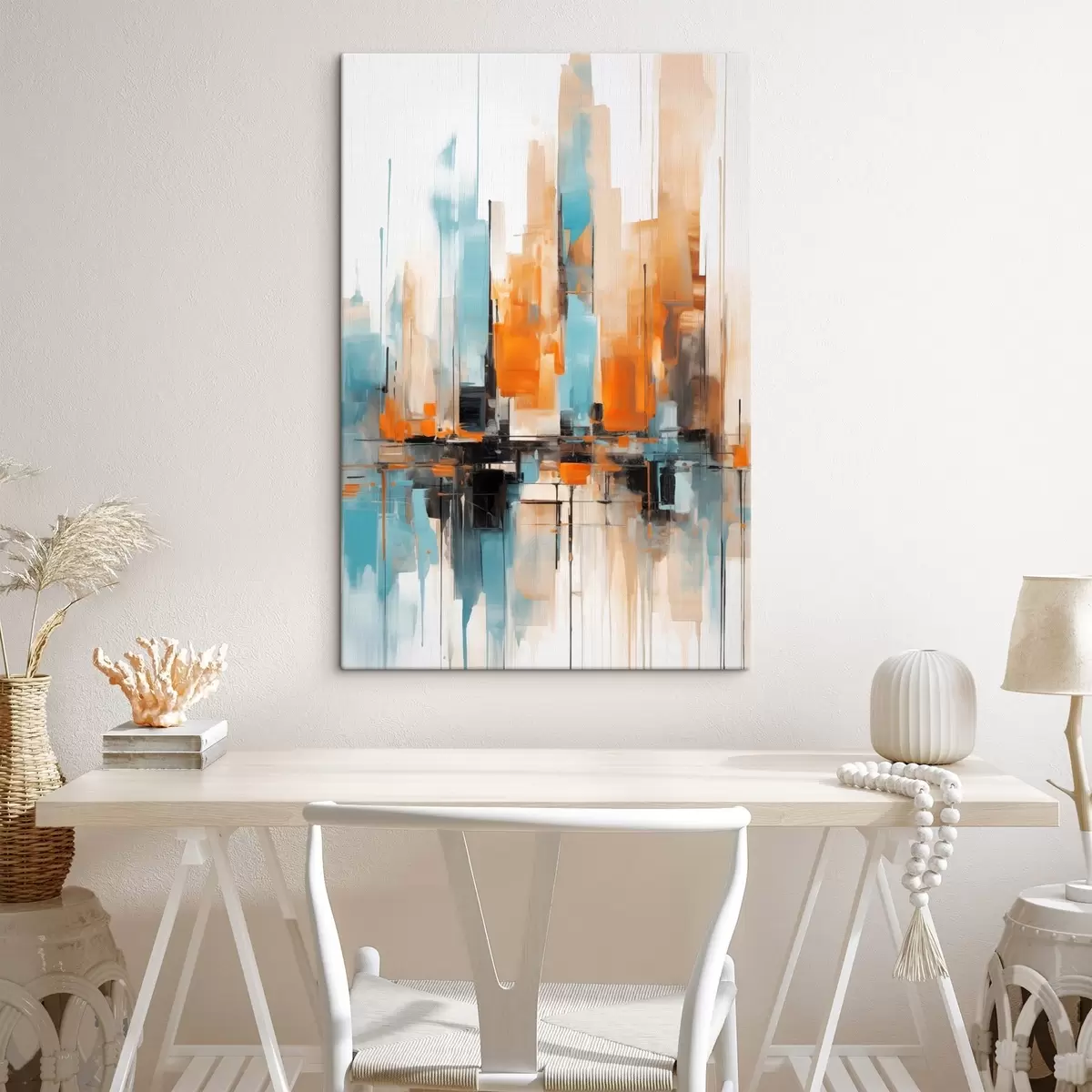  Schilderijen Abstract stadsgezicht met verticale penseelstreken in tinten oranje, blauw en wit, schilderstijl s46267