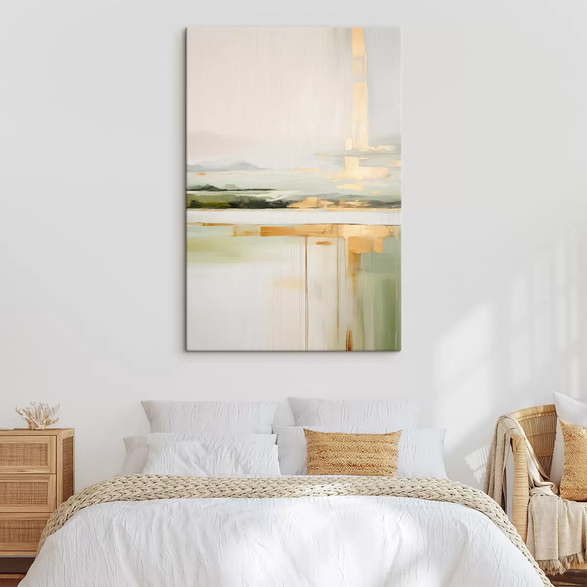  Schilderijen Abstract landschap met gele accenten, een minimalistische compositie van land, water en lucht, met gedempte kleuren s46268
