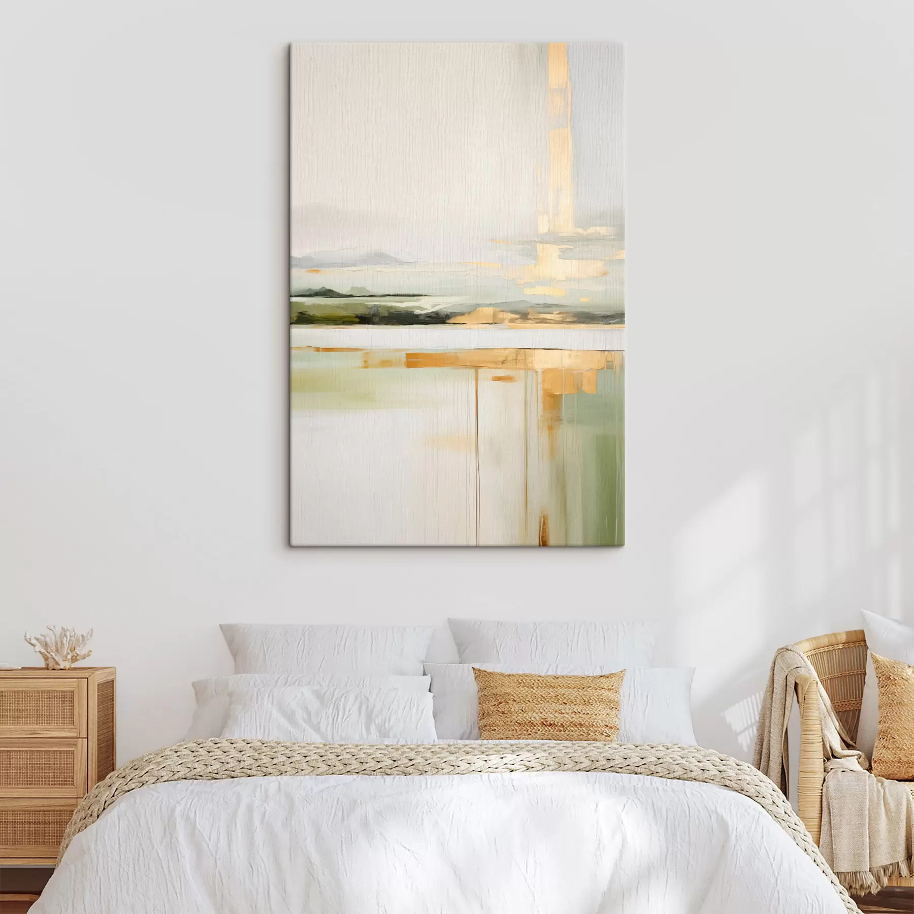  Schilderijen Abstract landschap met gele accenten, een minimalistische compositie van land, water en lucht, met gedempte kleuren s46268