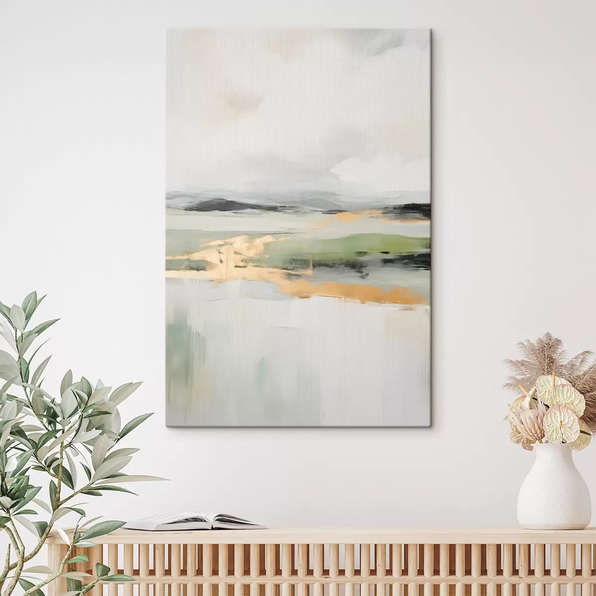 Schilderijen Abstract landschap met gele accenten, een minimalistische compositie van land, water en lucht, met gedempte kleuren s46269