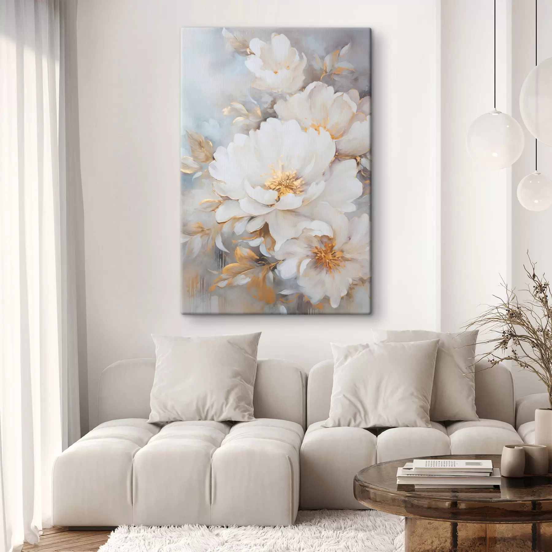  Schilderijen Witte pioenrozen met gele hartjes en bladeren, zachte penseelstreken, lichtblauwe achtergrond, bloemstuk s46271