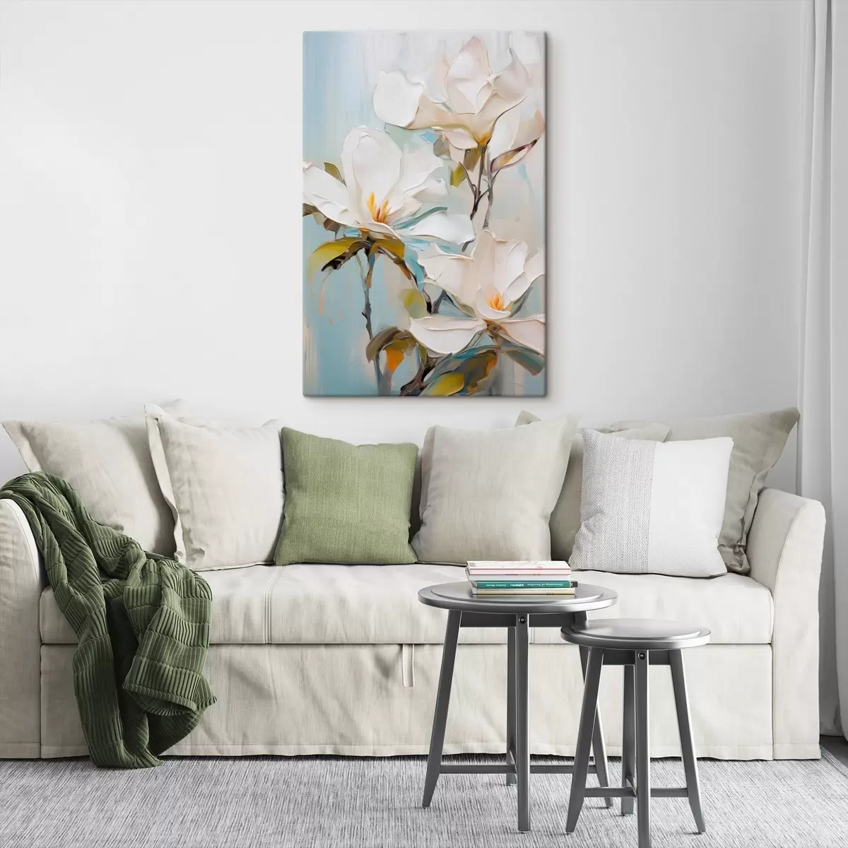  Schilderijen Witte magnoliabloemen, lichtblauwe achtergrond met zachte penseelstreken, olieverfstijl, impasto-textuur s46276
