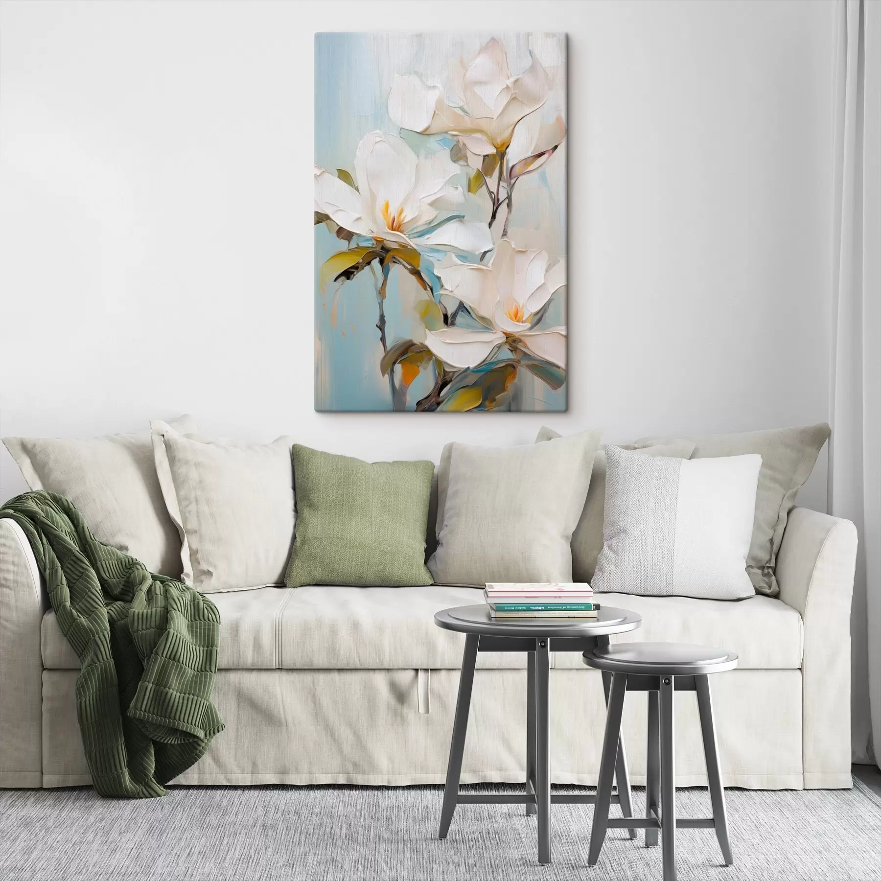  Schilderijen Witte magnoliabloemen, lichtblauwe achtergrond met zachte penseelstreken, olieverfstijl, impasto-textuur s46276