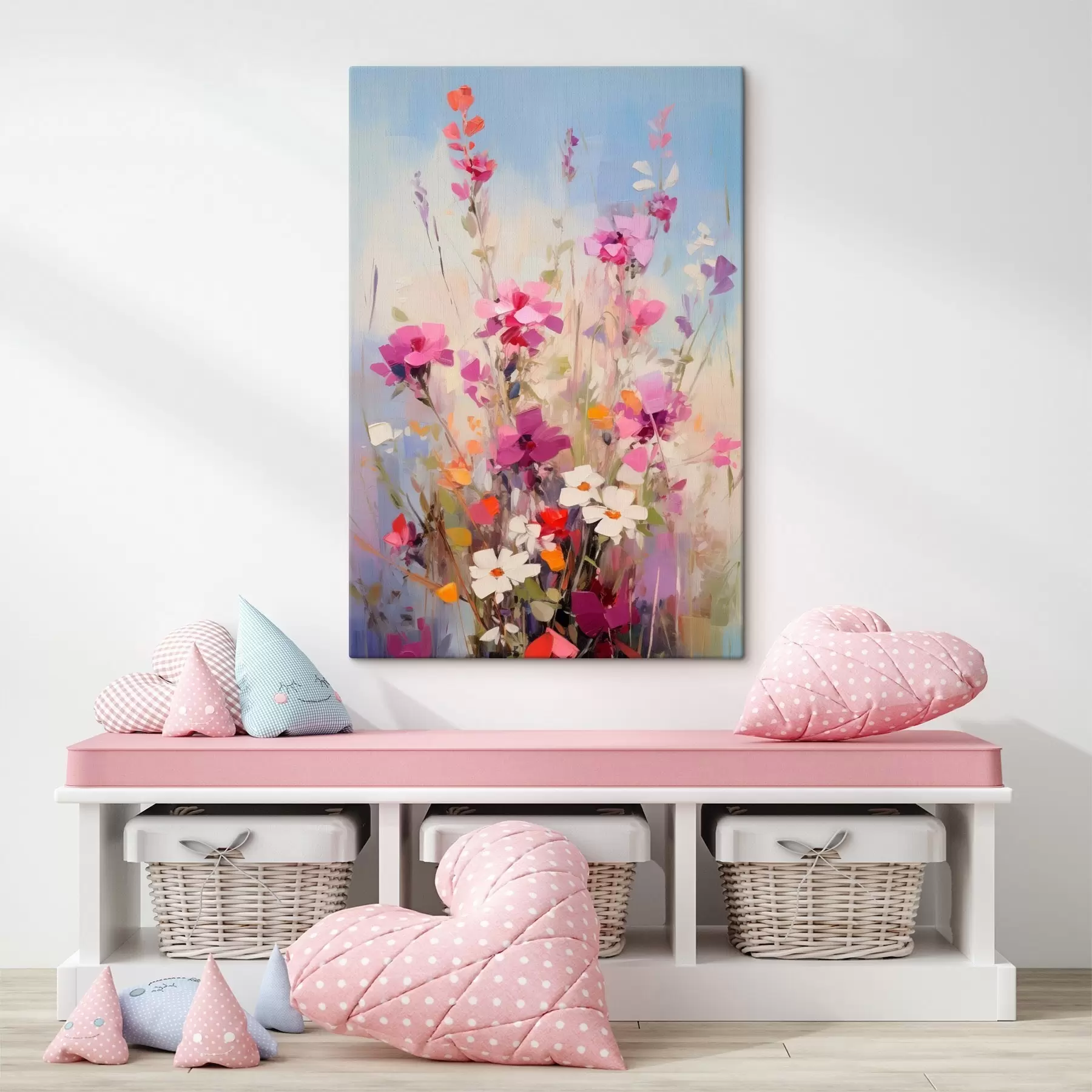  Schilderijen Levendige roze, witte en groene bloemen tegen een zachte, pastelkleurige achtergrond s46278