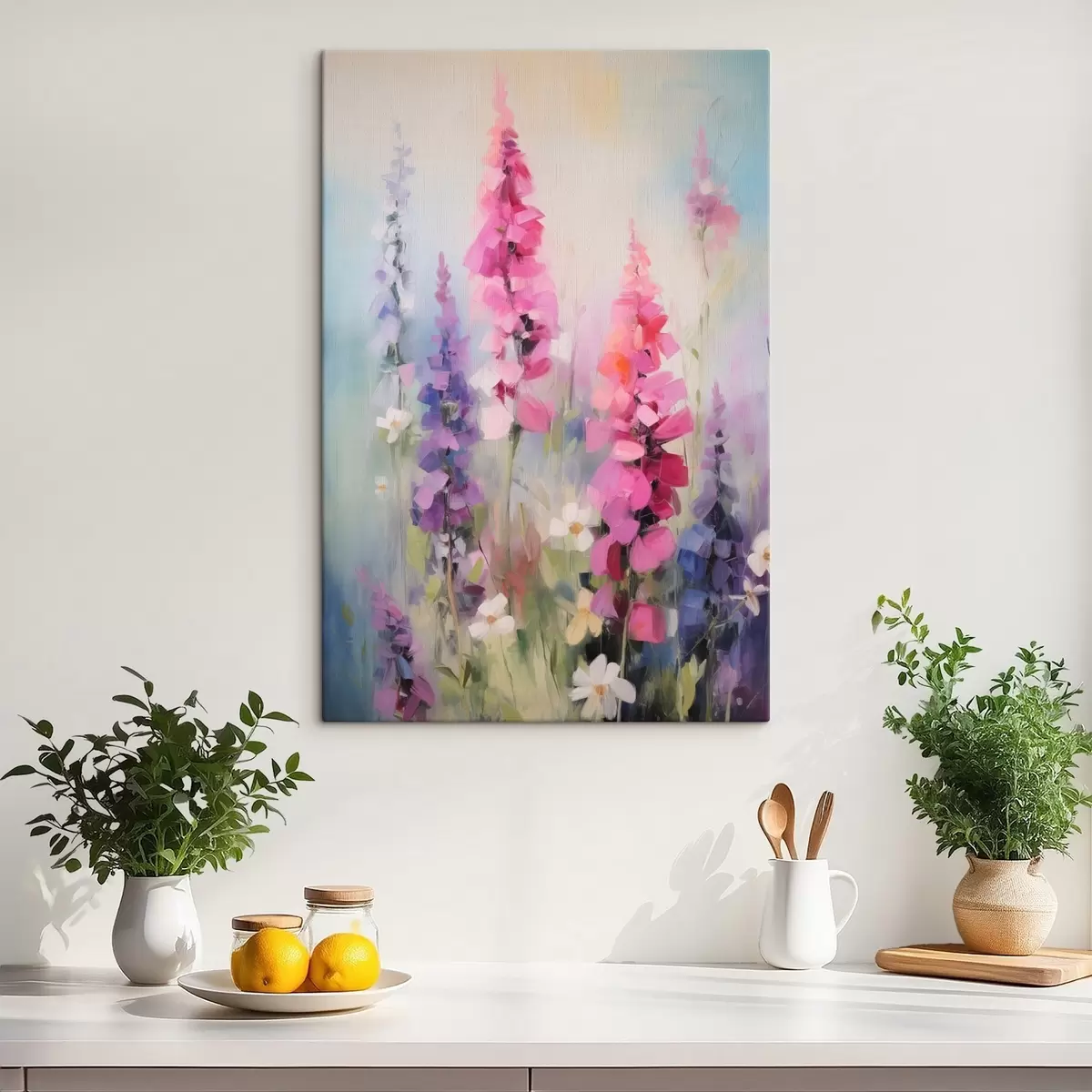  Schilderijen Roze en paarse bloemen met witte madeliefjes in een veld, zachte penseelstreken, pastelkleuren, impressionistische stijl s46279
