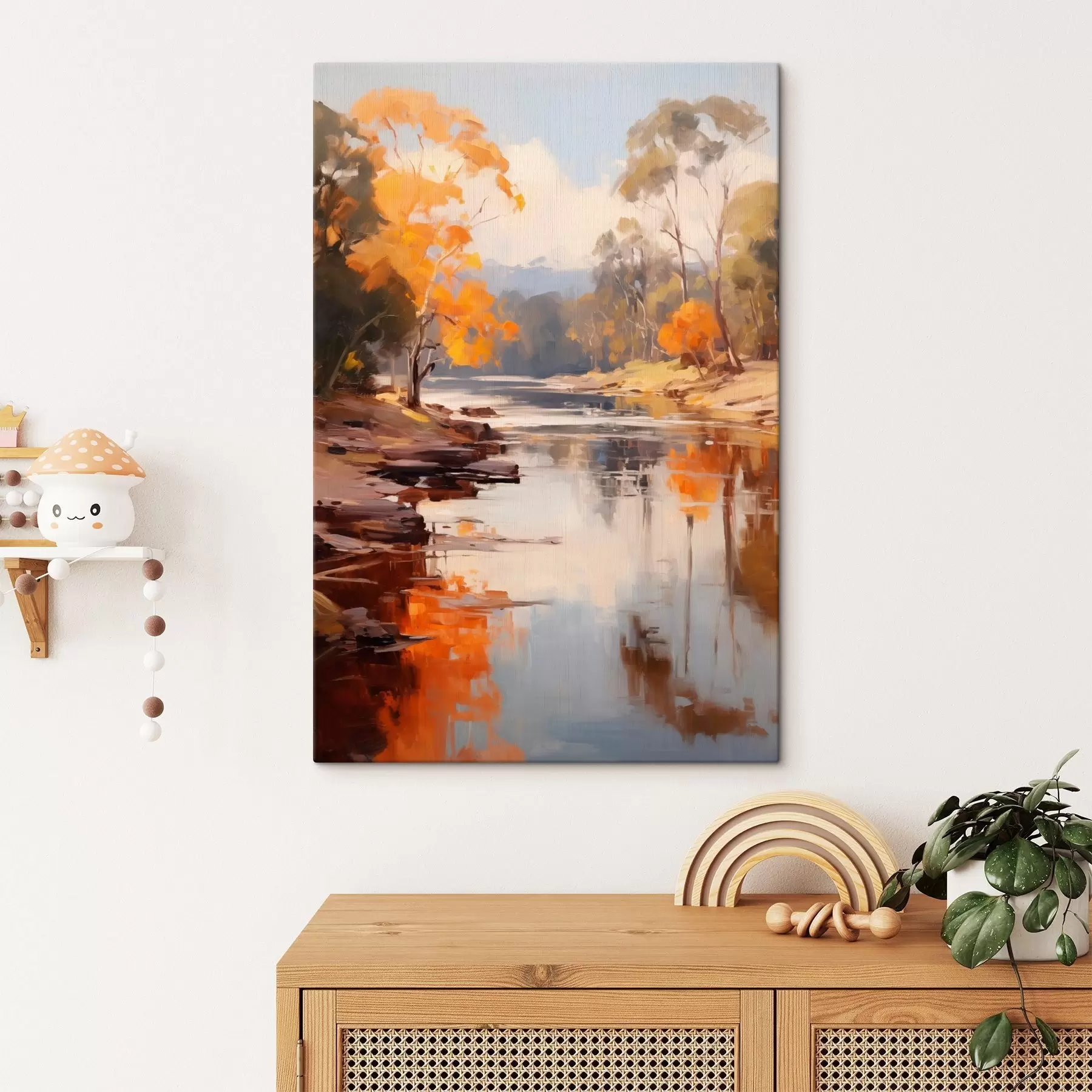  Schilderijen Herfstlandschap, rivier met bomen aan de oever, bos op de achtergrond, weerspiegelingen op het water s46280