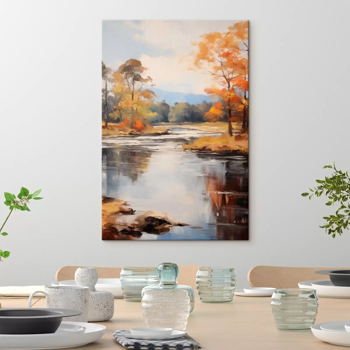  Schilderijen Landschap met een rivier die door een bos stroomt in de herfst, gele en oranje bomen, schilderstijl s46281
