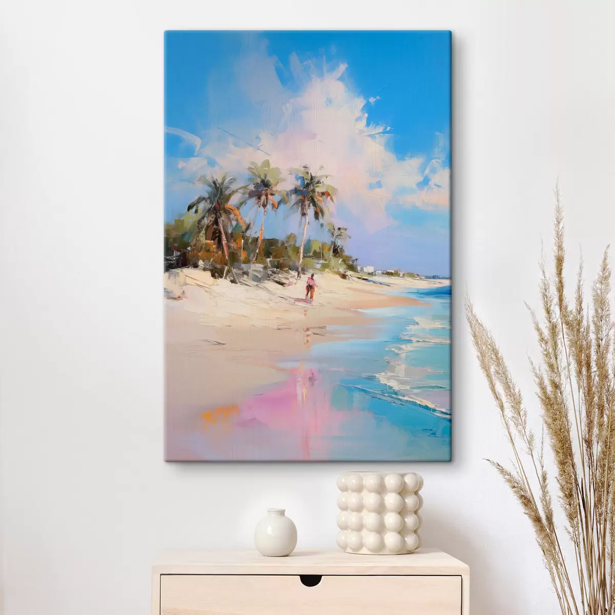  Schilderijen Abstract landschap, een strand met palmbomen, heldere zonnige dag met een blauwe lucht en enkele wolken s46284