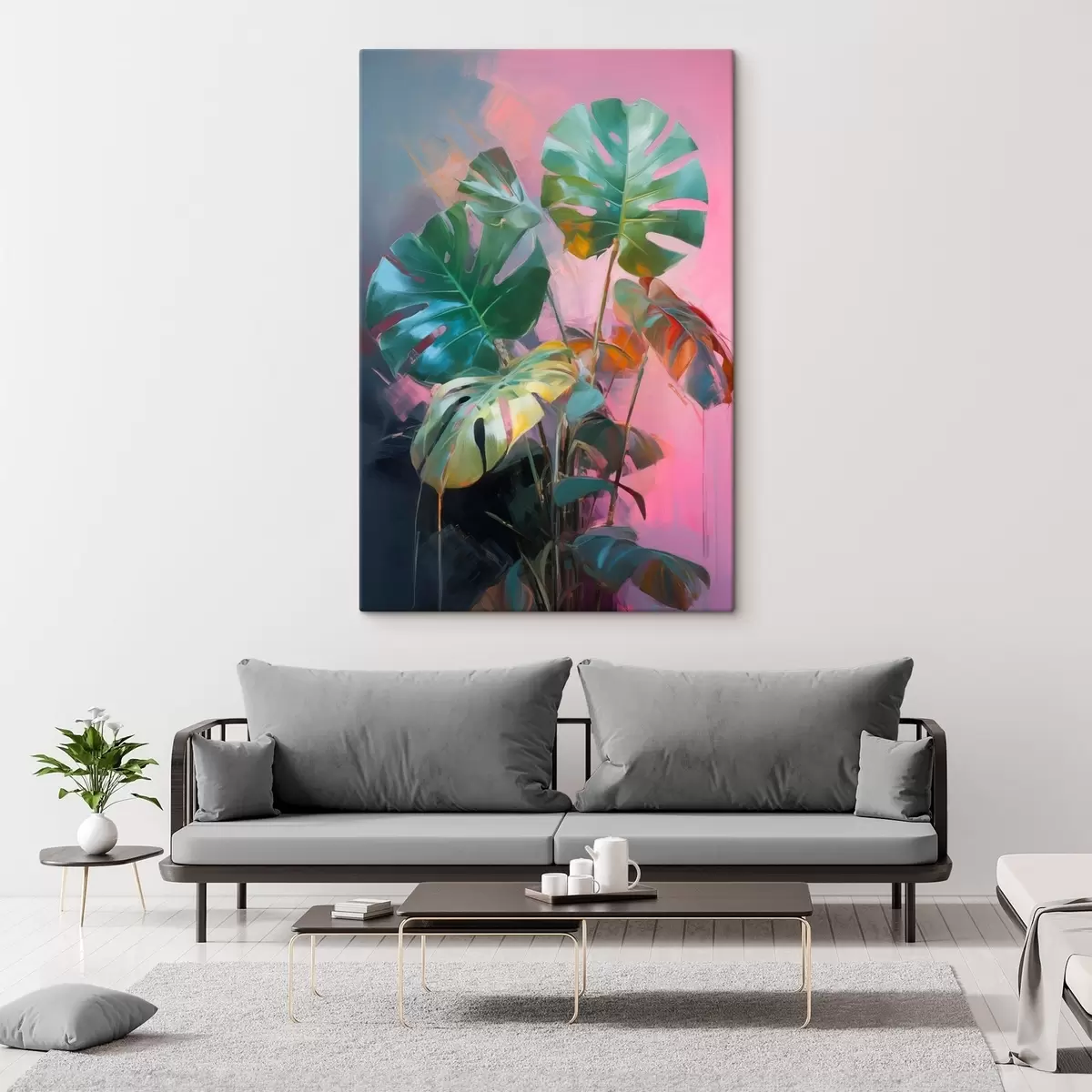  Schilderijen Abstracte monstera-plant met levendig groene bladeren, tegen een achtergrond van zachte roze en paarse tinten s46286