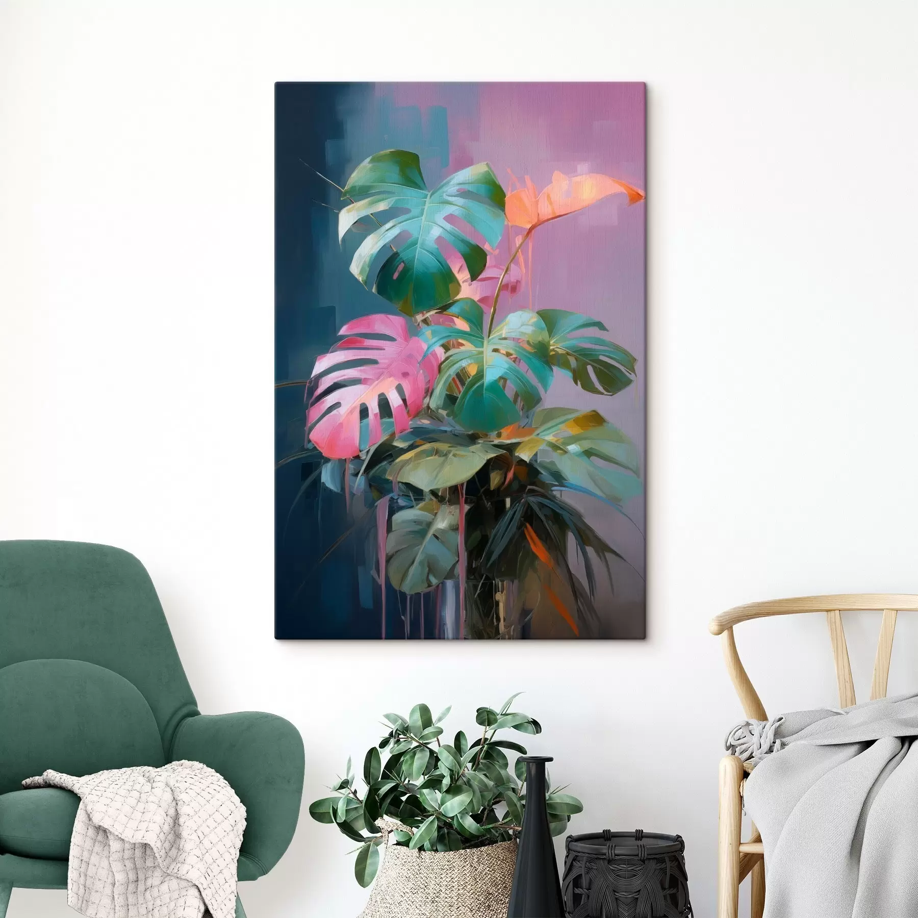 Schilderijen Abstracte monstera-plant met roze en groene bladeren, levendige kleuren, tegen een wazige achtergrond s46287