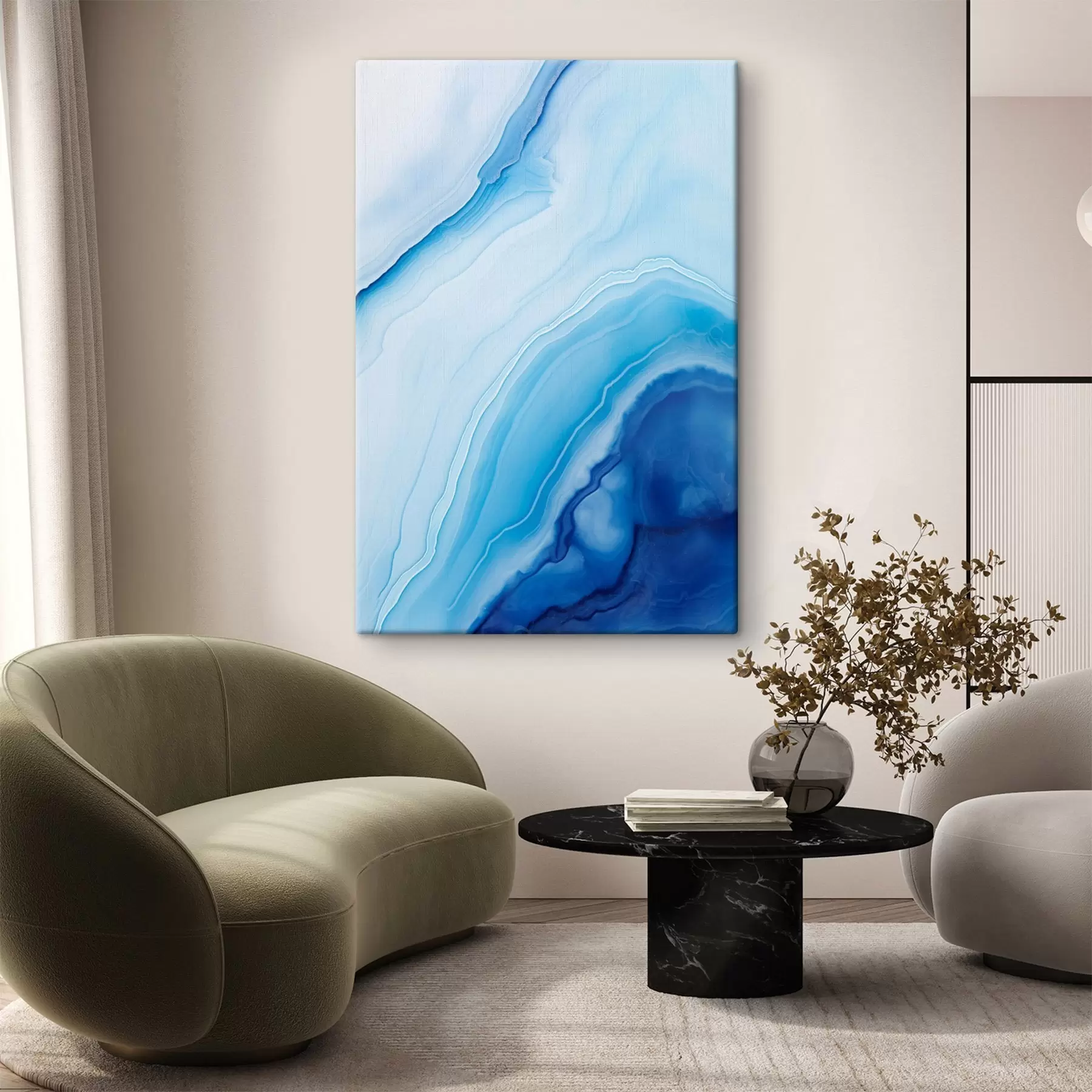  Schilderijen Abstracte blauw-witte agaatprint, wervelende lijnen en kleurverlopen, gladde textuur, moderne kunst, minimalistisch s46290