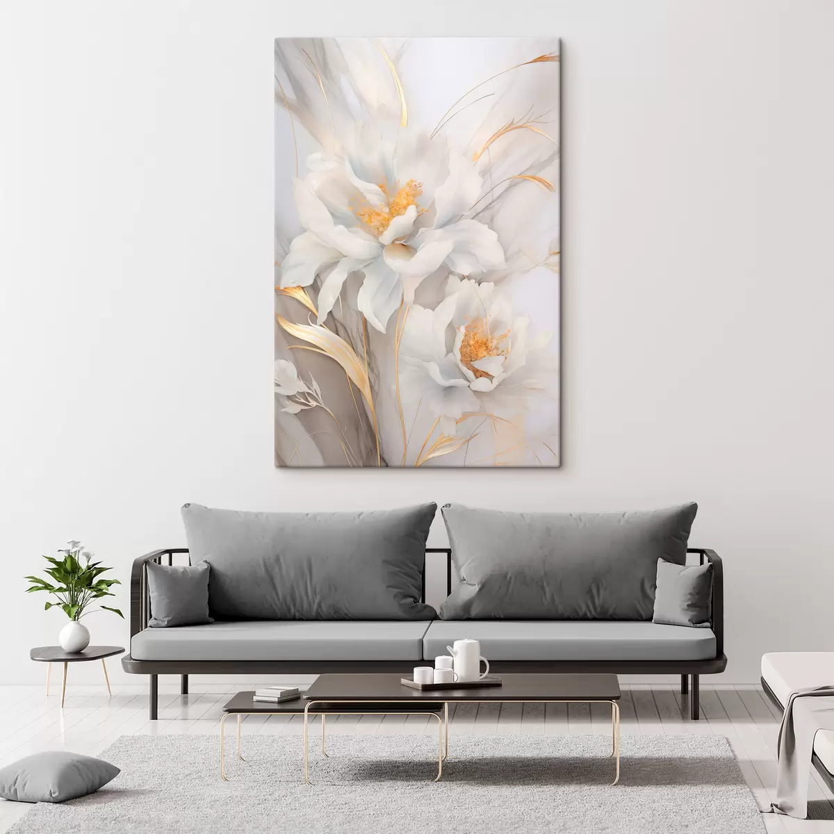  Schilderijen Witte bloemen met gele stampers en stelen, delicate bloemblaadjes, elegante compositie, neutrale achtergrond s46293