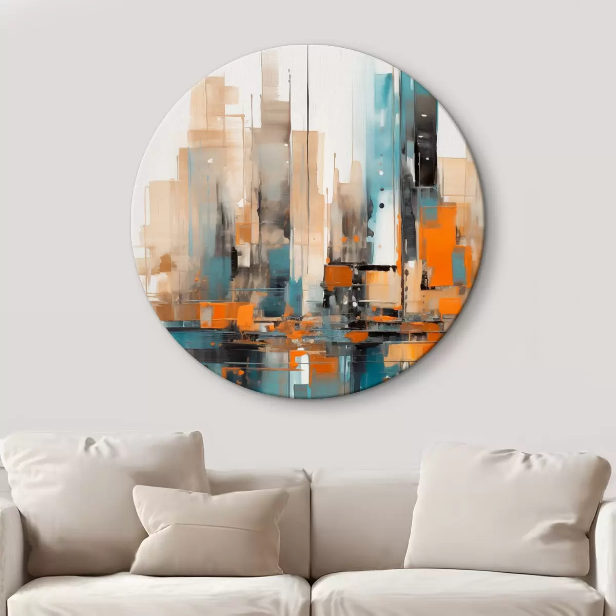 Ronde schilderijen Abstract stadsgezicht met oranje, blauwgroene en bruine verticale penseelstreken en geometrische vormen r46266