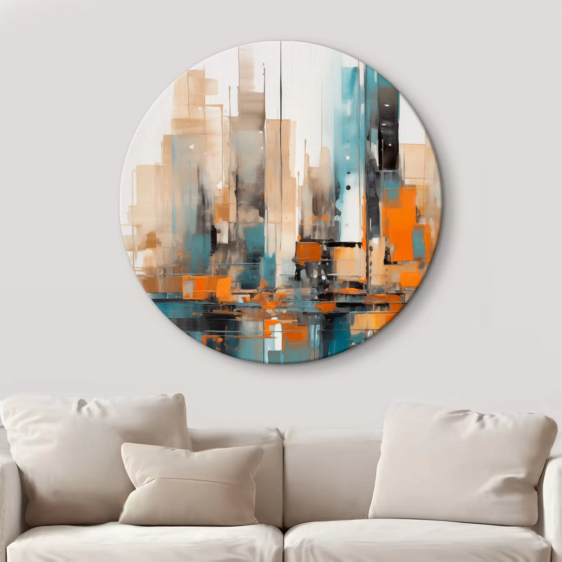  Schilderijen Abstract stadsgezicht met oranje, blauwgroene en bruine verticale penseelstreken en geometrische vormen r46266