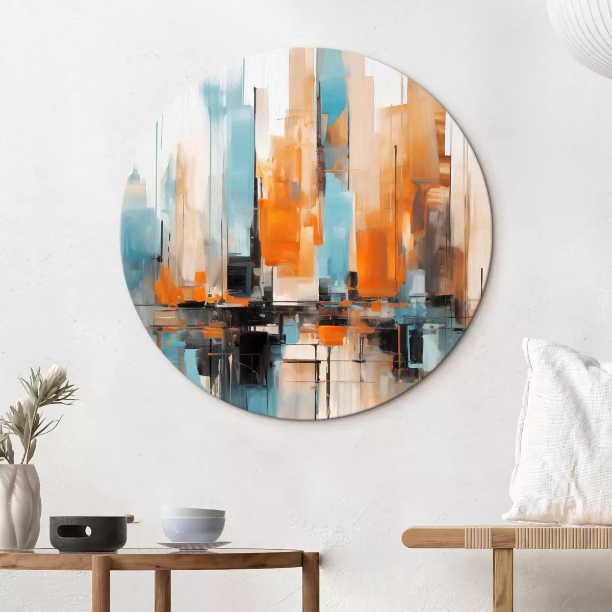 Ronde schilderijen Abstract stadsgezicht met verticale penseelstreken in tinten oranje, blauw en wit, schilderstijl r46267