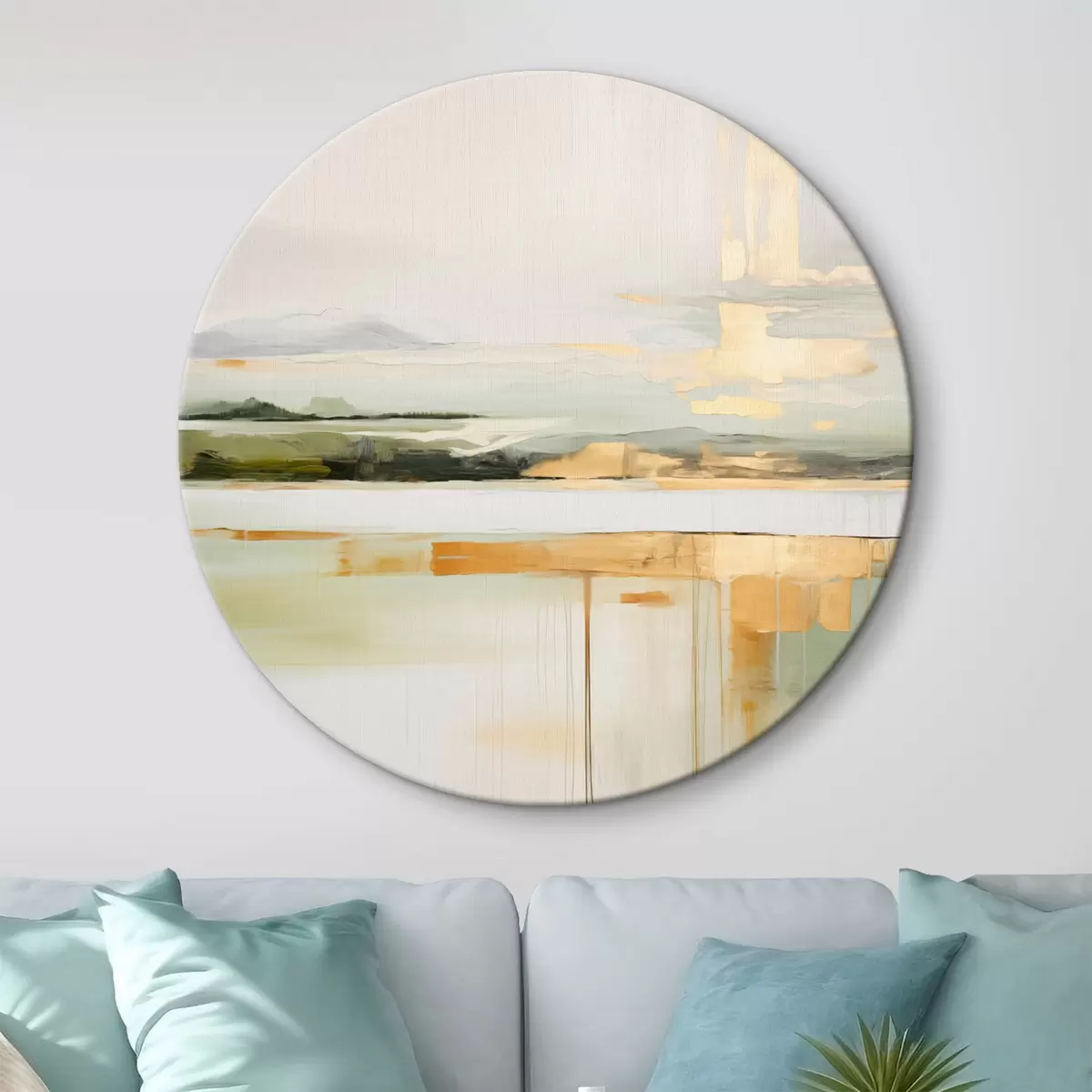 Ronde schilderijen Abstract landschap met gele accenten, een minimalistische compositie van land, water en lucht, met gedempte kleuren r46268