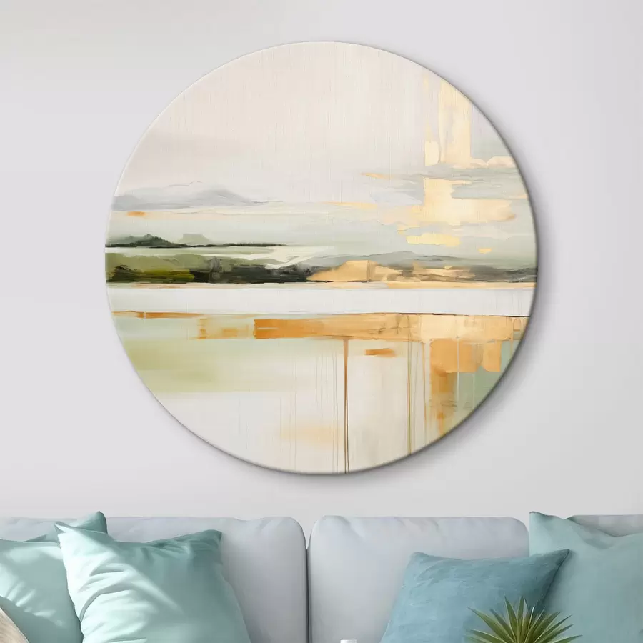  Schilderijen Abstract landschap met gele accenten, een minimalistische compositie van land, water en lucht, met gedempte kleuren r46268