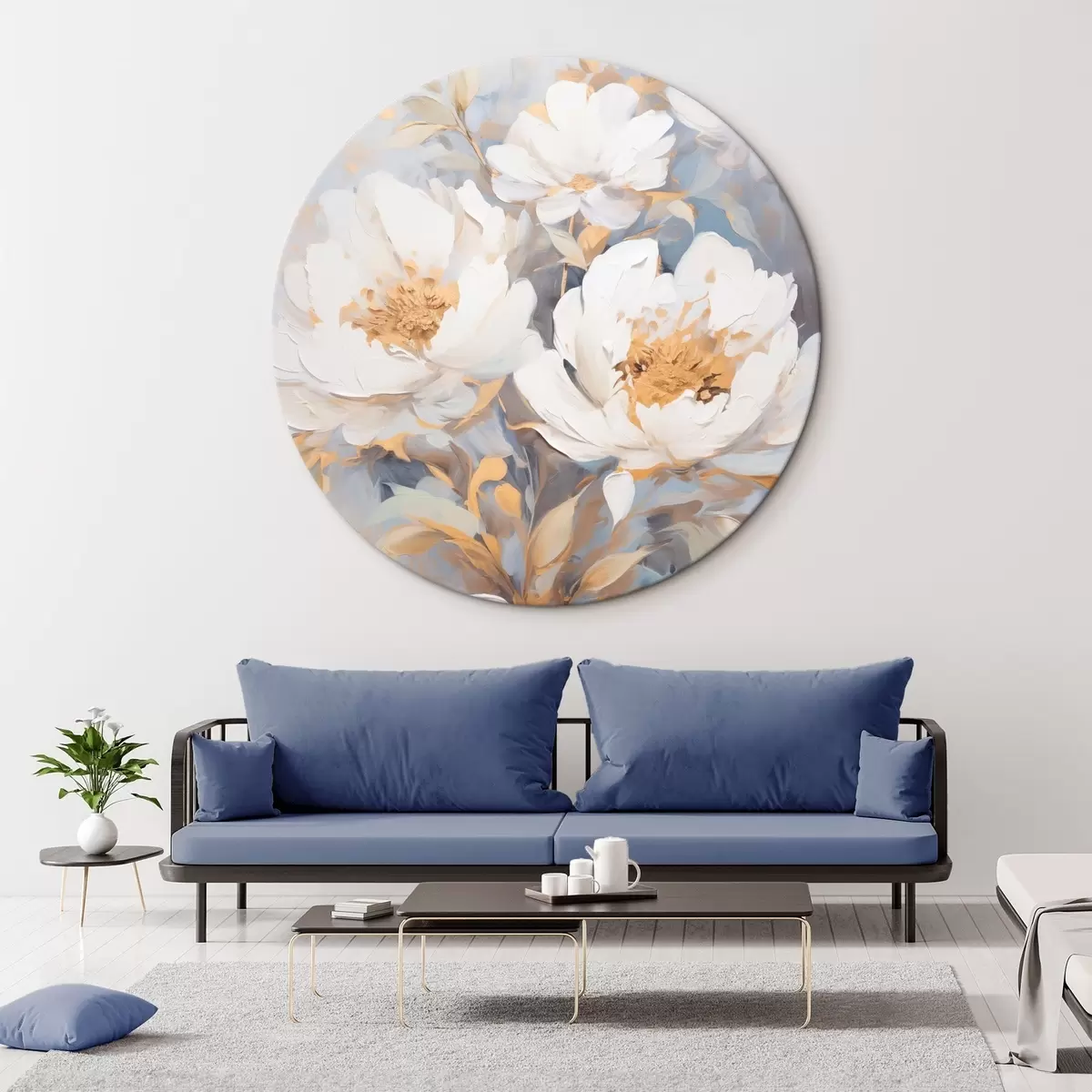 Ronde schilderijen Witte pioenrozen met blauwe hartjes en bladeren, zachte penseelstreken, lichtblauwe achtergrond, bloemstuk r46270