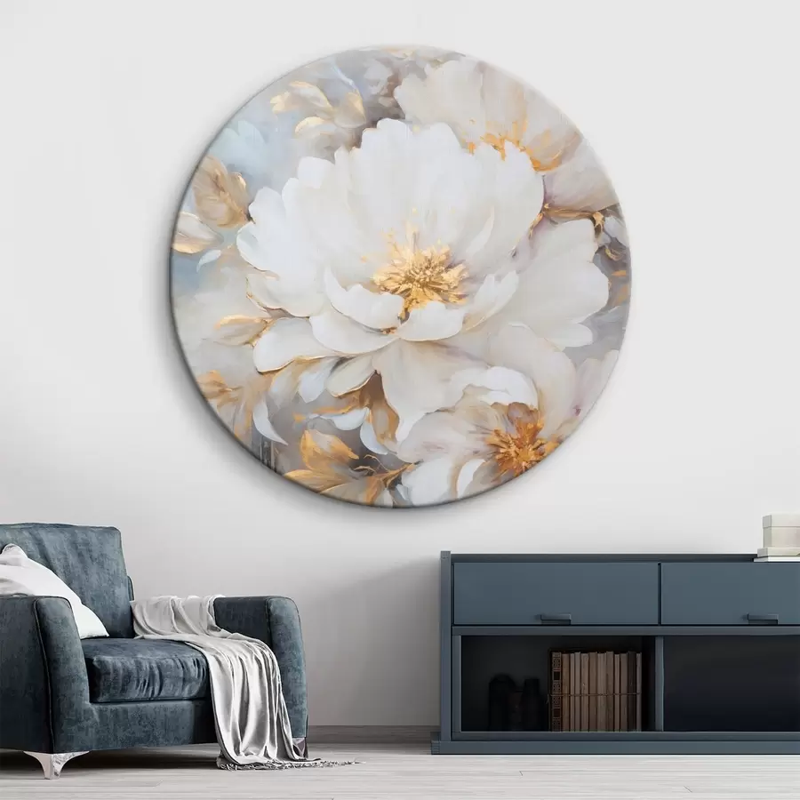  Schilderijen Witte pioenrozen met blauwe hartjes en bladeren, zachte penseelstreken, lichtblauwe achtergrond, bloemstuk r46271