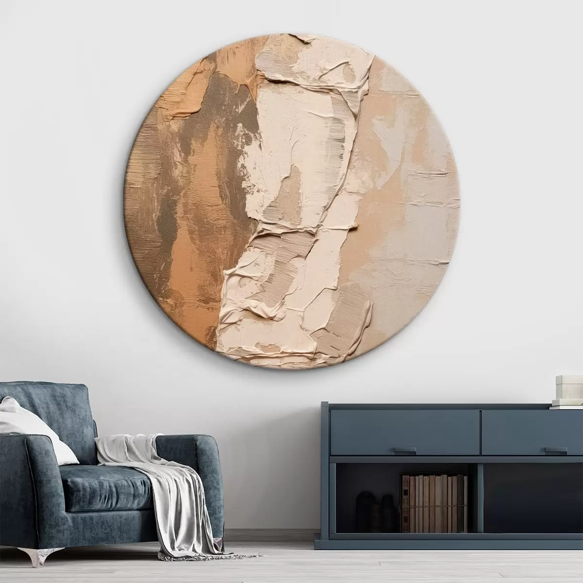 Ronde schilderijen Abstract schilderij met dikke penseelstreken, beige en bruine tinten, gestructureerd oppervlak, neutraal kleurenpalet r46272