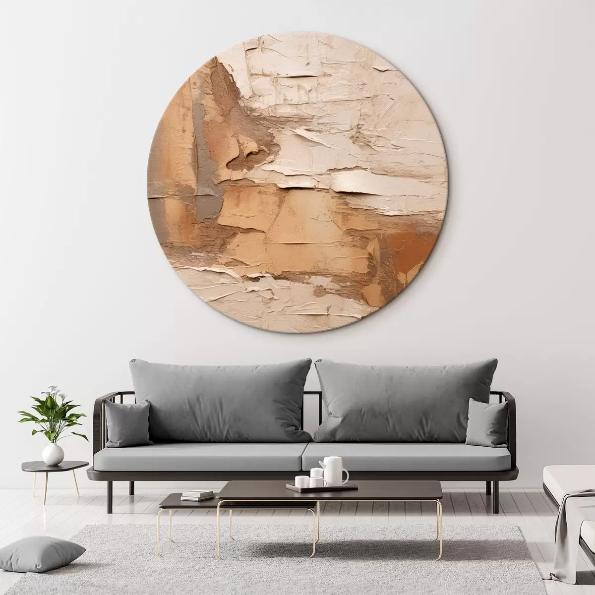 Ronde schilderijen Abstract schilderij met dikke penseelstreken, beige en bruine tinten, gestructureerd oppervlak, neutraal kleurenpalet r46273