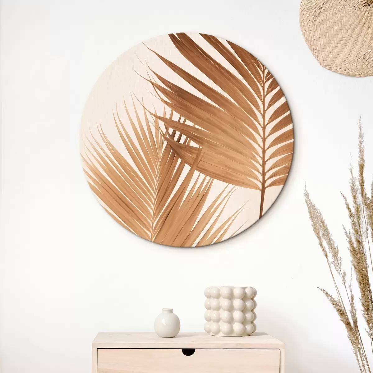 Ronde schilderijen Palmbladeren in bruine tinten, neutrale achtergrond, minimalistische stijl, natuurlijke belichting, tropische sfeer r46274