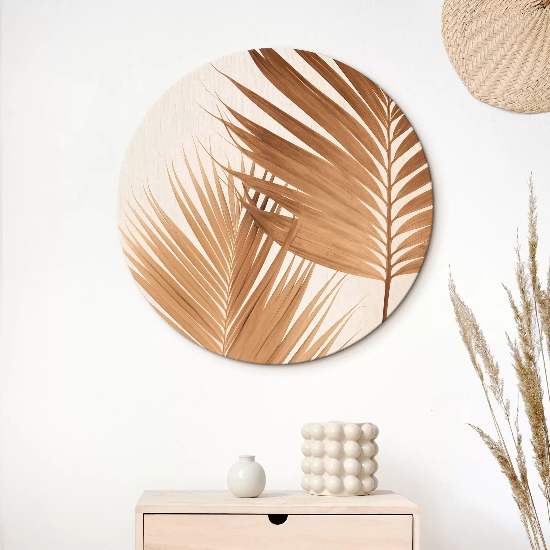  Schilderijen Palmbladeren in bruine tinten, neutrale achtergrond, minimalistische stijl, natuurlijke belichting, tropische sfeer r46274