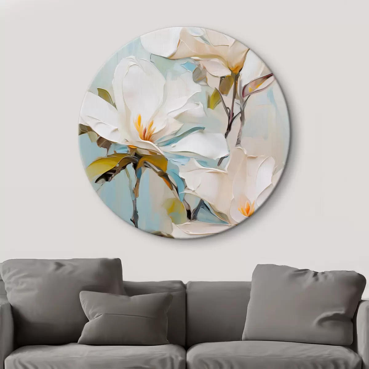 Ronde schilderijen Witte magnoliabloemen, lichtblauwe achtergrond met zachte penseelstreken, olieverfstijl, impasto-textuur r46276