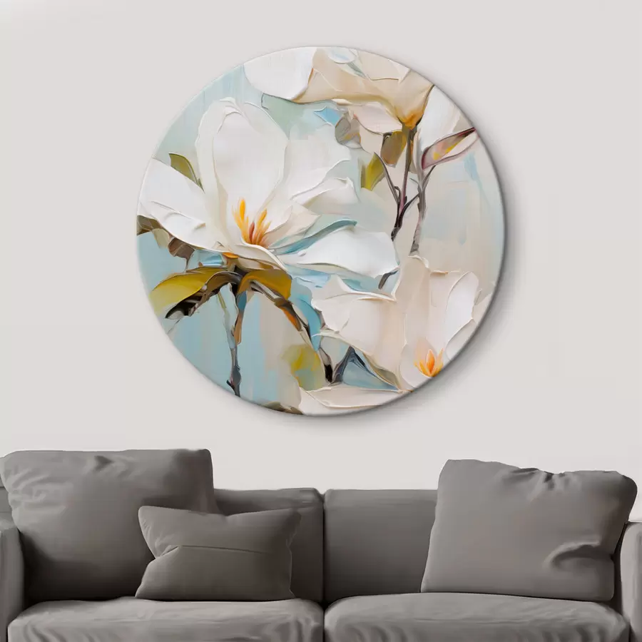  Schilderijen Witte magnoliabloemen, lichtblauwe achtergrond met zachte penseelstreken, olieverfstijl, impasto-textuur r46276