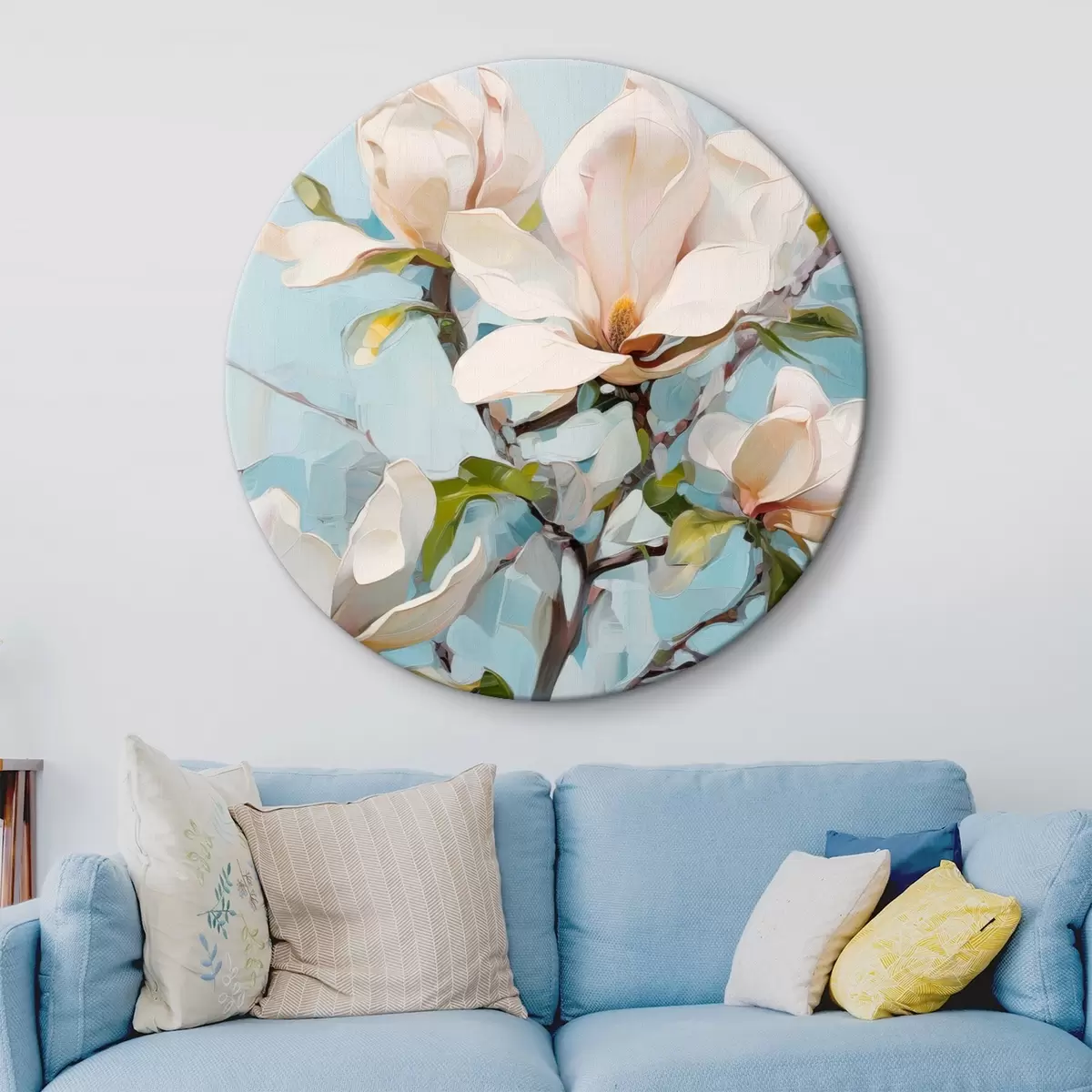 Ronde schilderijen Witte magnoliabloemen, lichtblauwe achtergrond met zachte penseelstreken, olieverfstijl, impasto-textuur r46277
