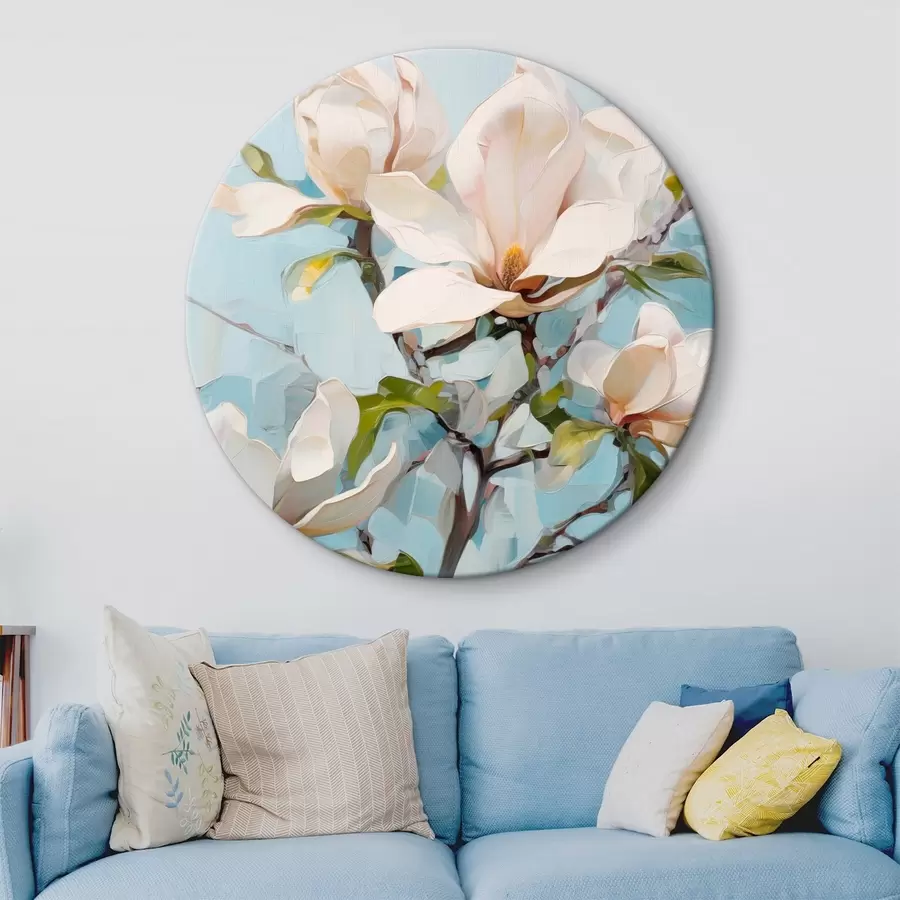  Schilderijen Witte magnoliabloemen, lichtblauwe achtergrond met zachte penseelstreken, olieverfstijl, impasto-textuur r46277