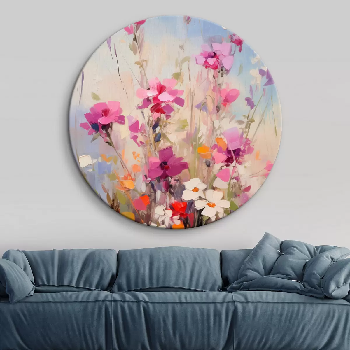 Ronde schilderijen Levendige roze, witte en groene bloemen tegen een zachte, pastelkleurige achtergrond r46278
