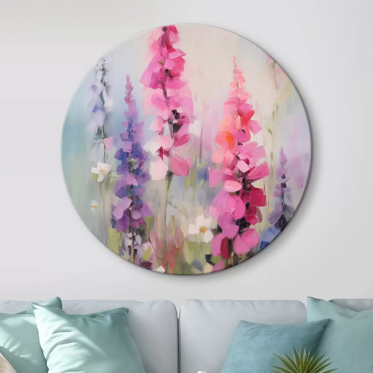 Ronde schilderijen Roze en paarse bloemen met witte madeliefjes in een veld, zachte penseelstreken, pastelkleuren, impressionistische stijl r46279