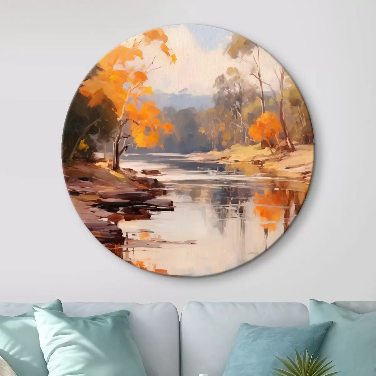 Ronde schilderijen Herfstlandschap, rivier met bomen aan de oever, bos op de achtergrond, weerspiegelingen op het water r46280