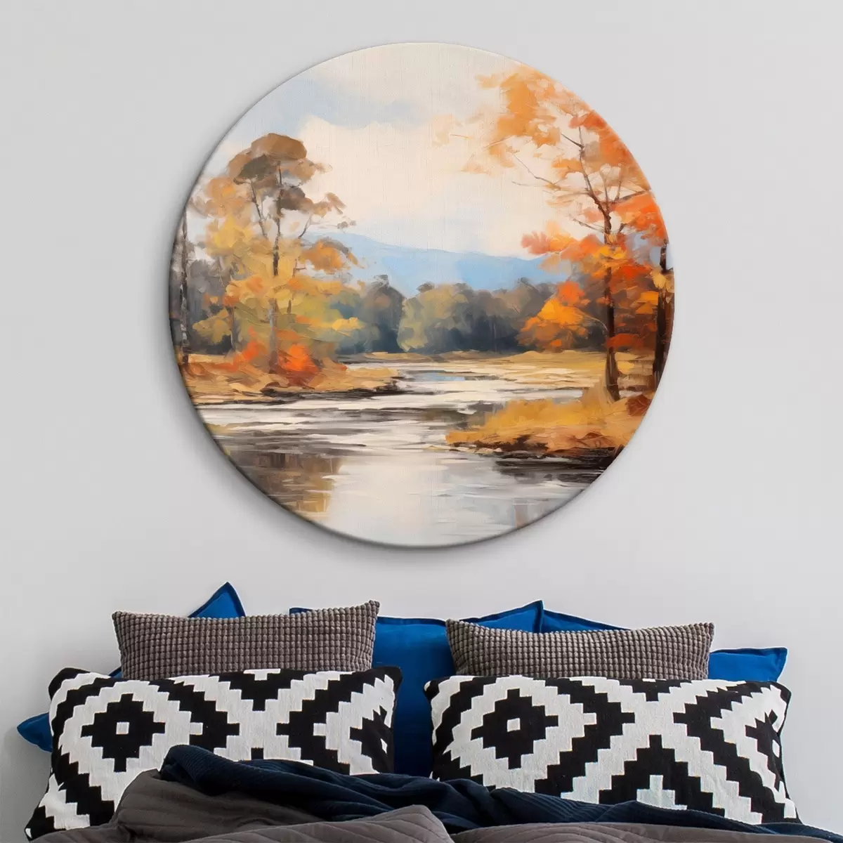 Ronde schilderijen Landschap met een rivier die door een bos stroomt in de herfst, gele en oranje bomen, schilderstijl r46281