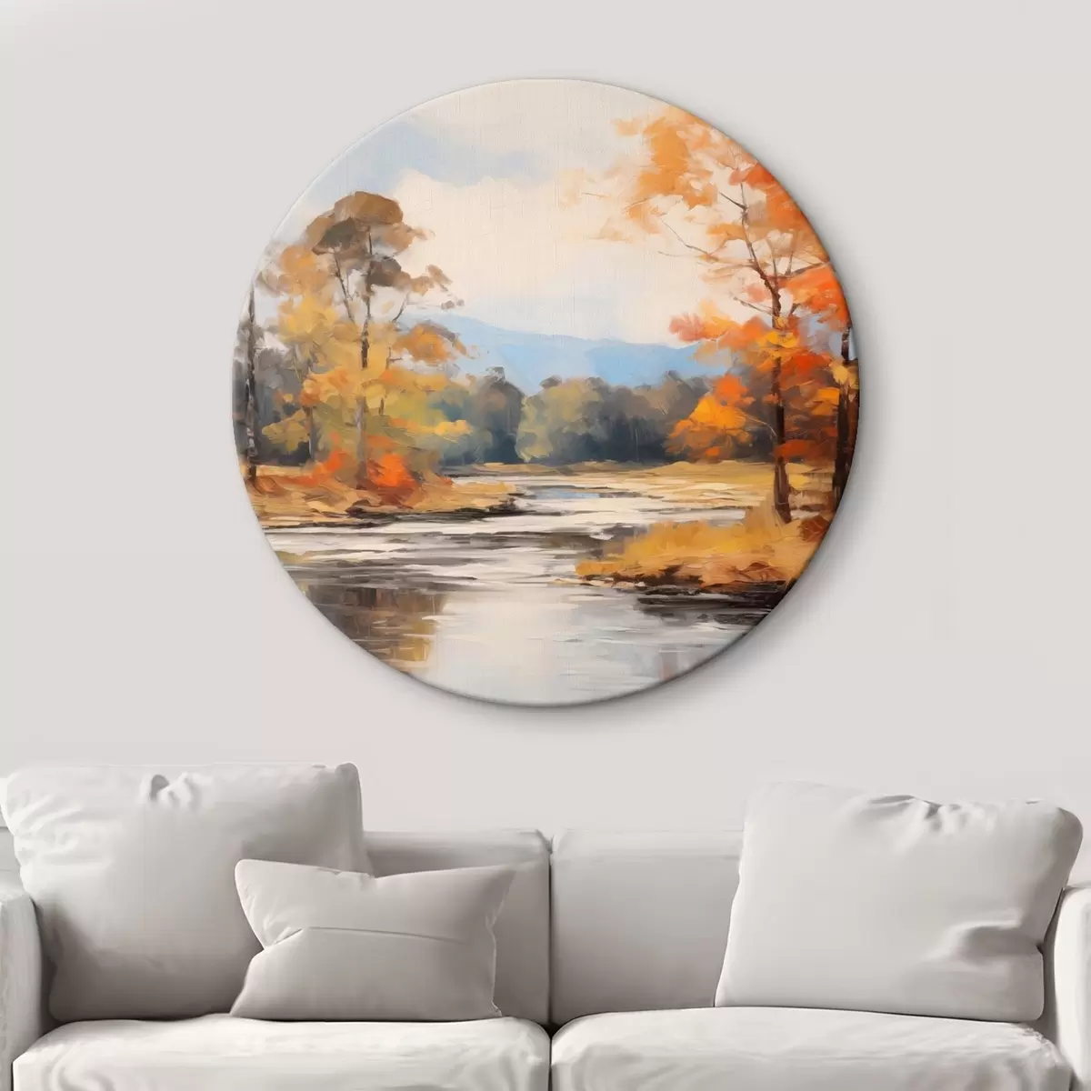 Ronde schilderijen Landschap met een rivier die door een bos stroomt in de herfst, gele en oranje bomen, schilderstijl r46281