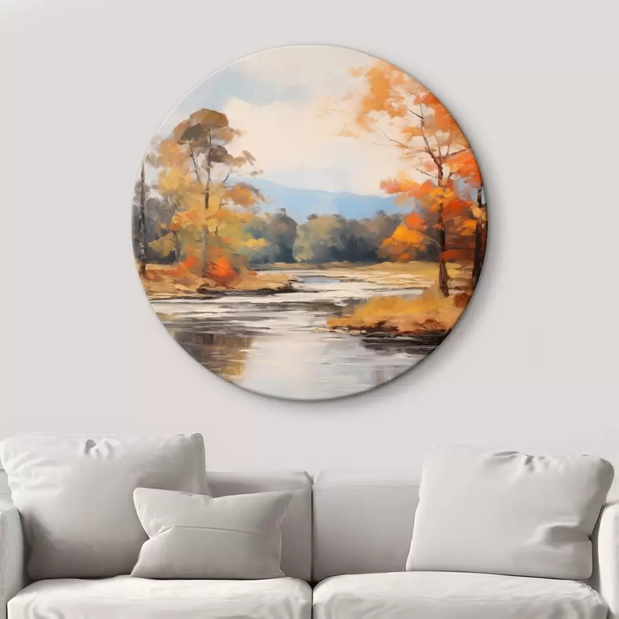  Schilderijen Landschap met een rivier die door een bos stroomt in de herfst, gele en oranje bomen, schilderstijl r46281