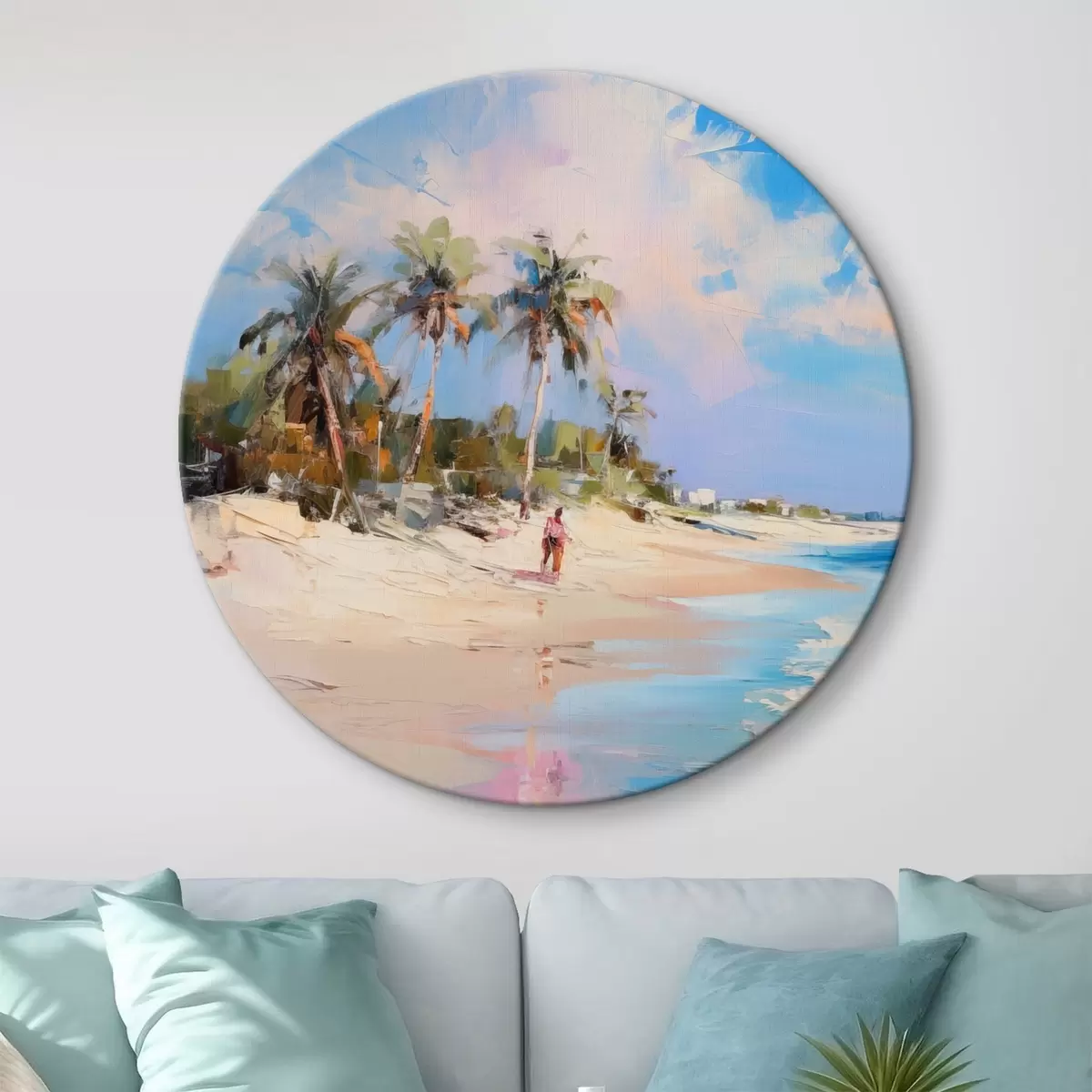 Ronde schilderijen Abstract landschap, een strand met palmbomen, heldere zonnige dag met een blauwe lucht en enkele wolken r46284