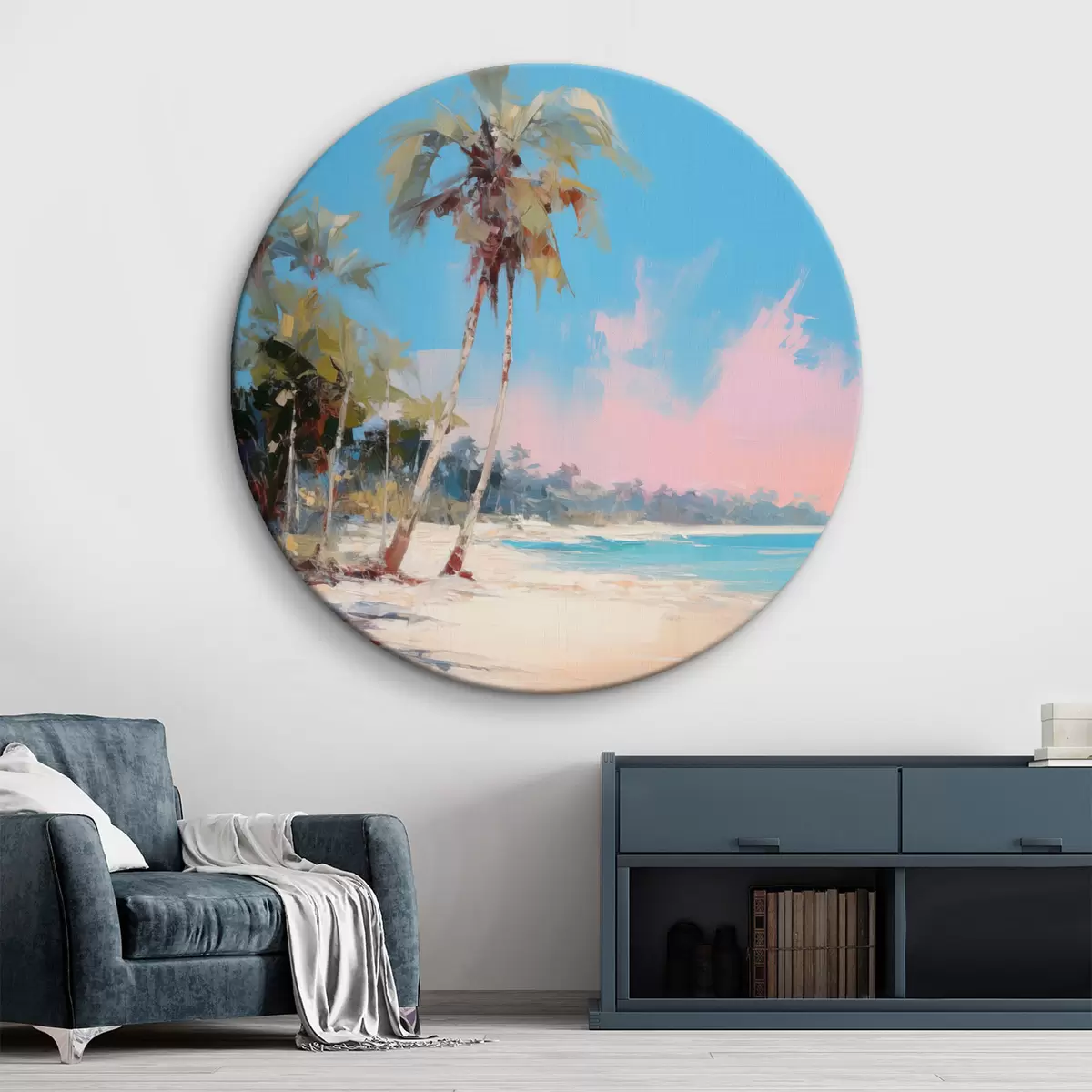 Ronde schilderijen Abstract tropisch strand met wit zand en palmbomen, blauwe lucht met witte wolken r46285
