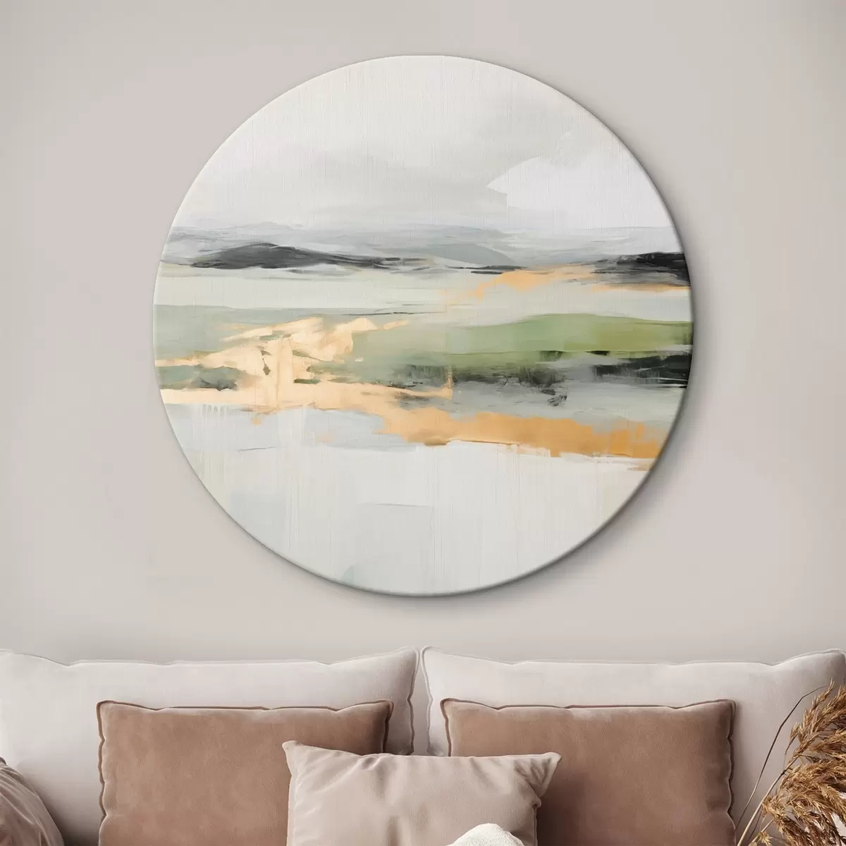 Ronde schilderijen Abstract landschap met gele accenten, een minimalistische compositie van land, water en lucht, met gedempte kleuren r46269