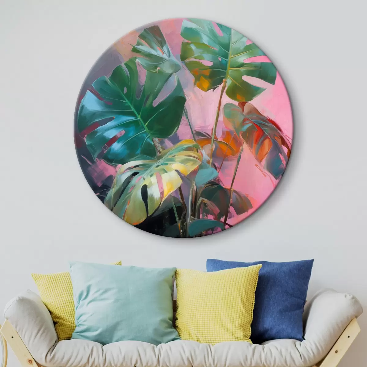 Ronde schilderijen Abstracte monstera-plant met levendig groene bladeren, tegen een achtergrond van zachte roze en paarse tinten r46286