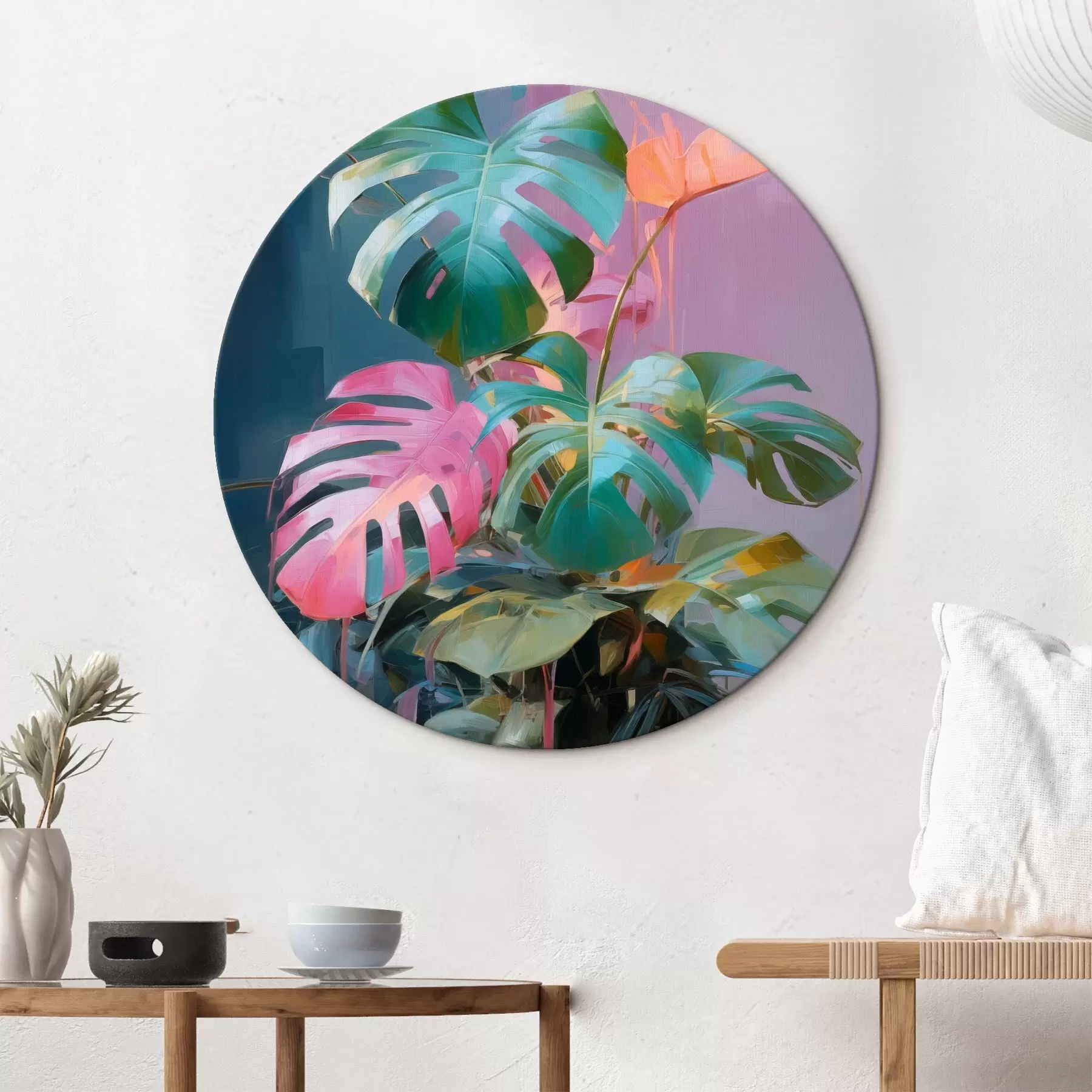  Schilderijen Abstracte monstera-plant met roze en groene bladeren, levendige kleuren, tegen een wazige achtergrond r46287