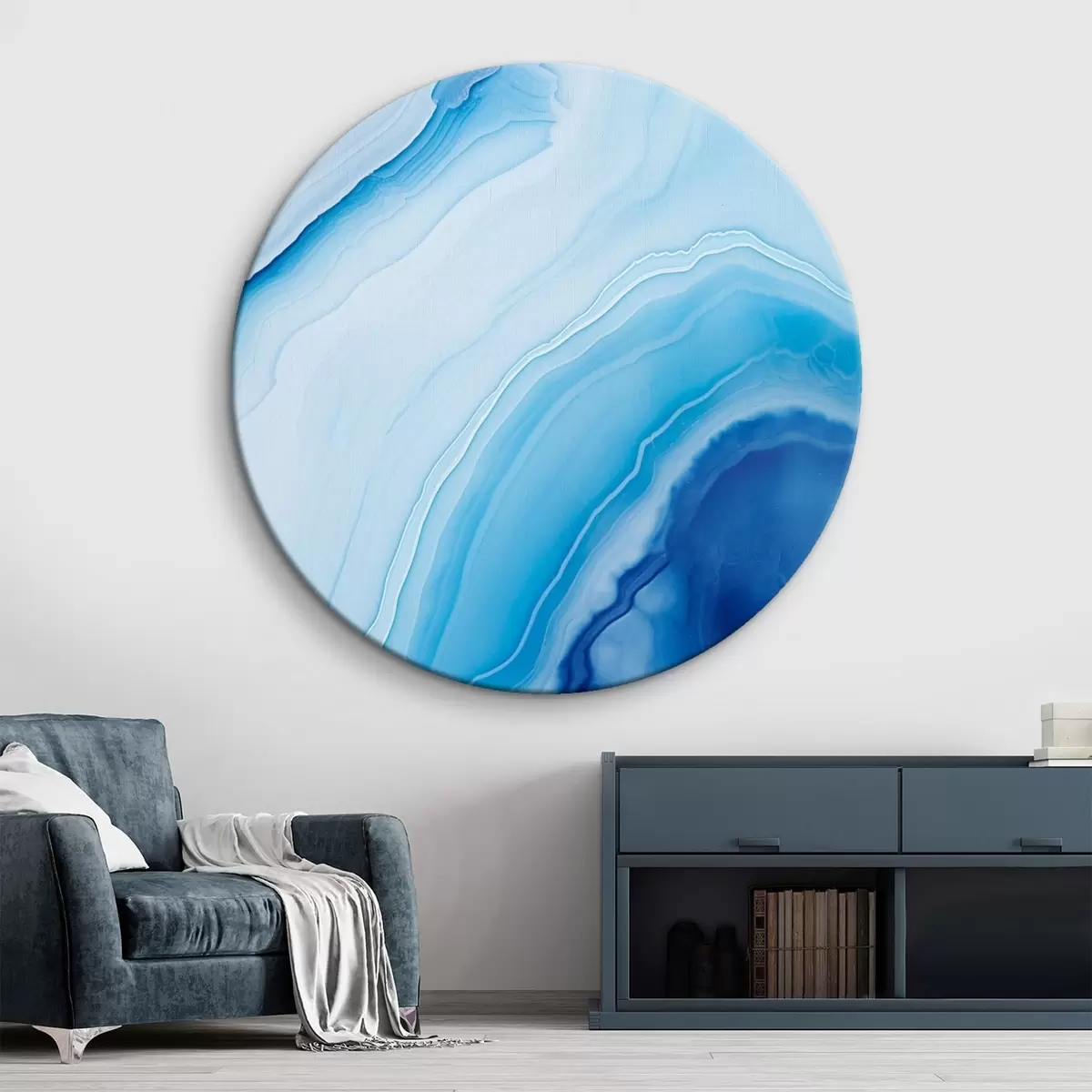 Ronde schilderijen Abstracte blauw-witte agaatprint, wervelende lijnen en kleurverlopen, gladde textuur, moderne kunst, minimalistisch r46290