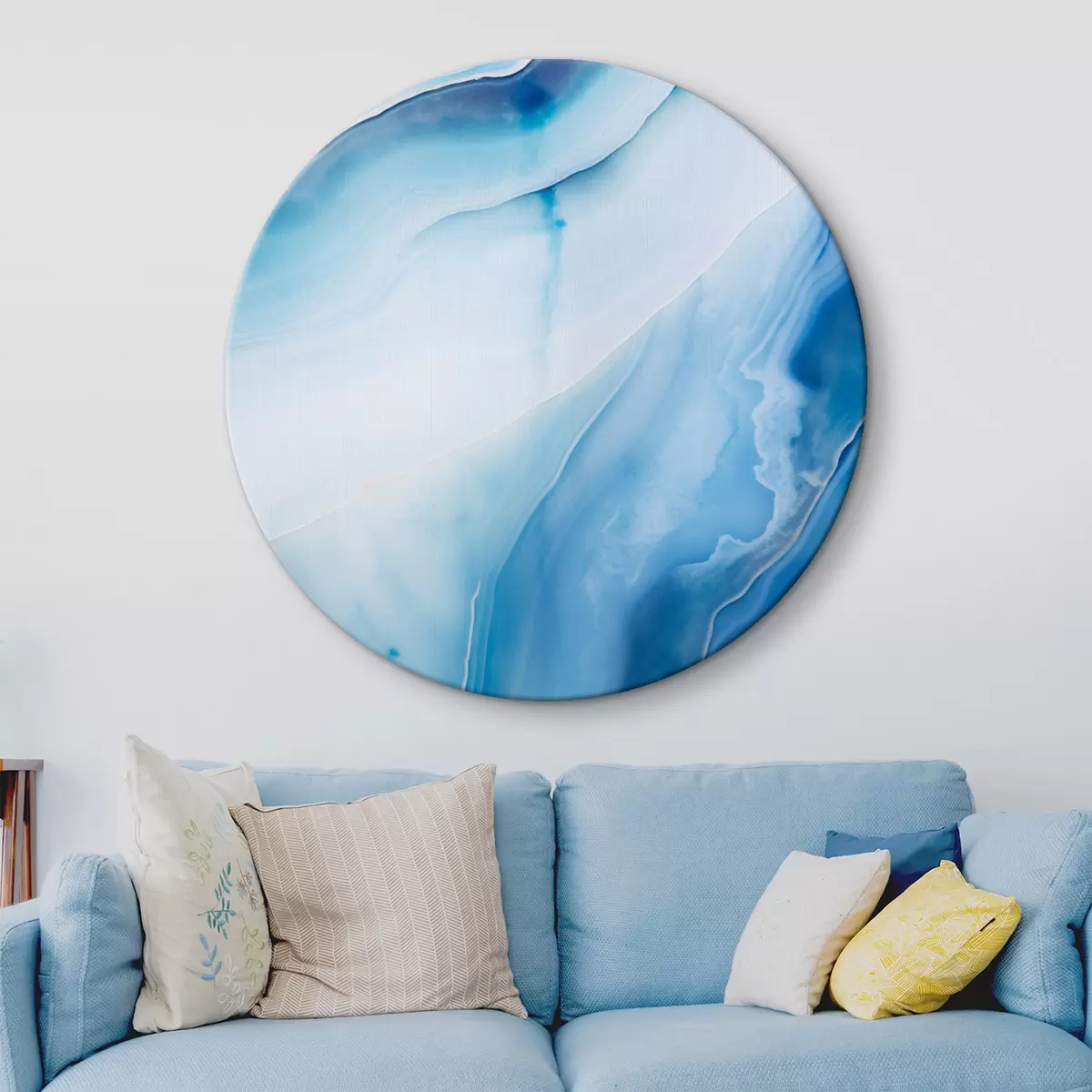 Ronde schilderijen Abstracte blauw-witte agaatprint, wervelende lijnen en kleurverlopen, gladde textuur, moderne kunst, minimalistisch r46291