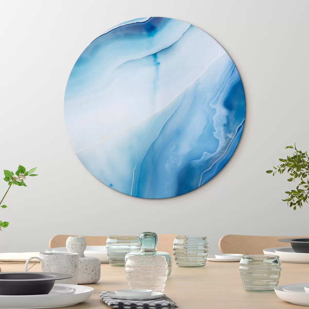 Ronde schilderijen Abstracte blauw-witte agaatprint, wervelende lijnen en kleurverlopen, gladde textuur, moderne kunst, minimalistisch r46291