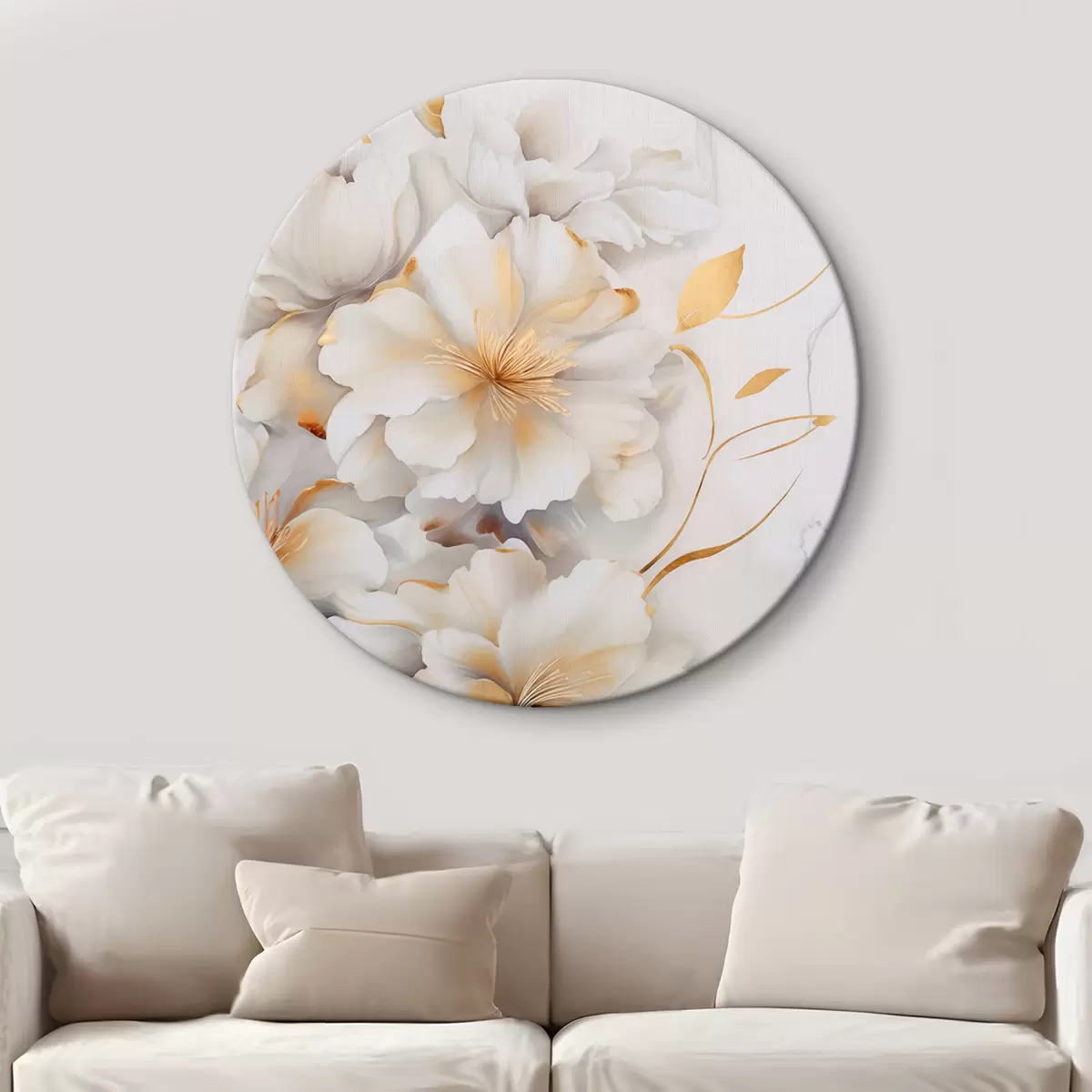 Ronde schilderijen Witte bloemen met gele details, bloemblaadjes met subtiele schaduwen, lichte achtergrond met subtiel marmereffect r46292